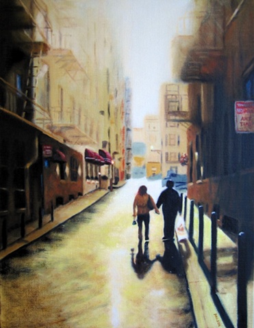 Street scene with couple walking hand in hand