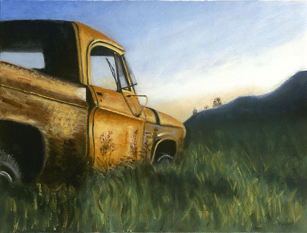 Abandoned pickup truck in meadow.