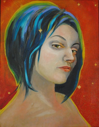 portrait, woman, blue hair, handmade paper, oil paint