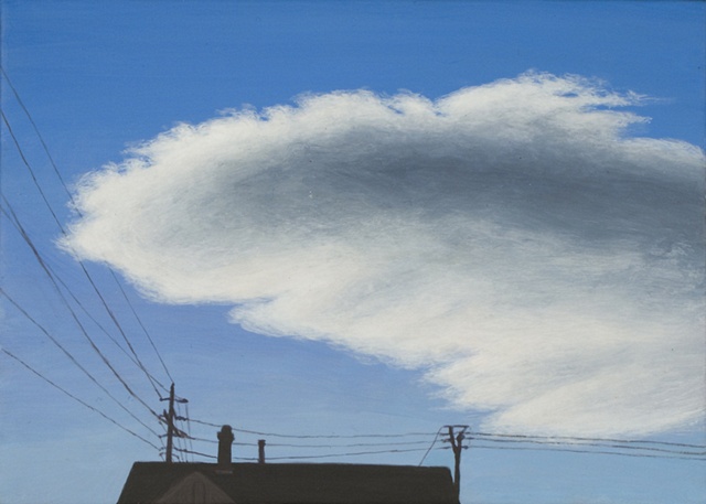 windblown cloud silhouetted house rooftop power lines blue sky