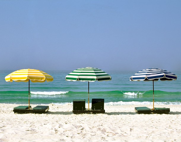 Yellow Green and Blue Umbrellas on the Beach