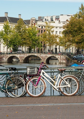 Pink Bike locked to a canal bridge fence