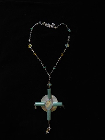 Costume to Custom necklace by Elise Kendrot, Guardian Angel Crucifix semi-precious stone beads from a necklace, pearls, sterling silver, guardian angel pin, sterling silver charm, mother of pearl component