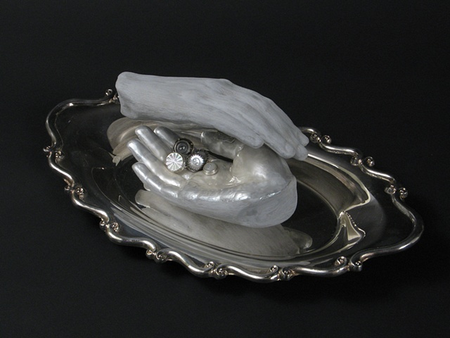 mother of pearl buttons hand silver tray