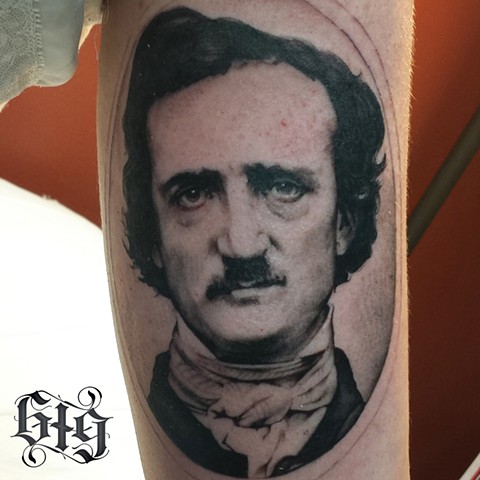 Black and Gray Edgar Allen Poe, Portrait tattoo as part of a Poe inspired half sleeve Southern California. San Diego, North Park, Pacific Beach, Mission Beach, City Heights, Hillcrest, El Cajon, Portland Oregon, Edinburgh Scotland, Ocean Beach