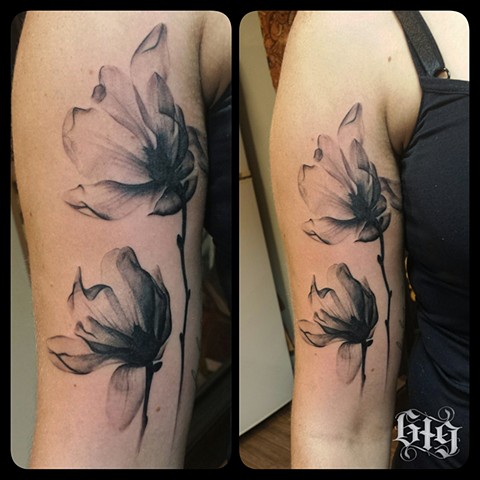 Black grey gray x-ray, ghost magnolia inner arm tattoo flower flowers Southern California. San Diego, North Park, Pacific Beach, Mission Beach, City Heights, Hillcrest, El Cajon, Portland Oregon, Edinburgh Scotland, Ocean Beach