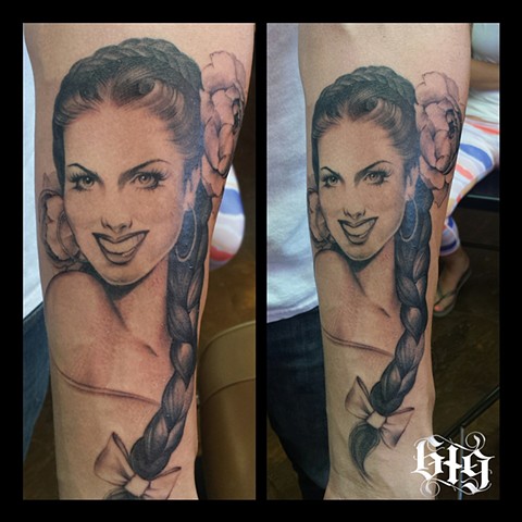 Classic Mexican Pinup inspired black and gray grey tattoo, on the forearm. Beginning of a sleeve. Southern California. San Diego, North Park, Pacific Beach, Mission Beach, City Heights, Hillcrest, El Cajon, Portland Oregon, Edinburgh Scotland, Ocean Beach