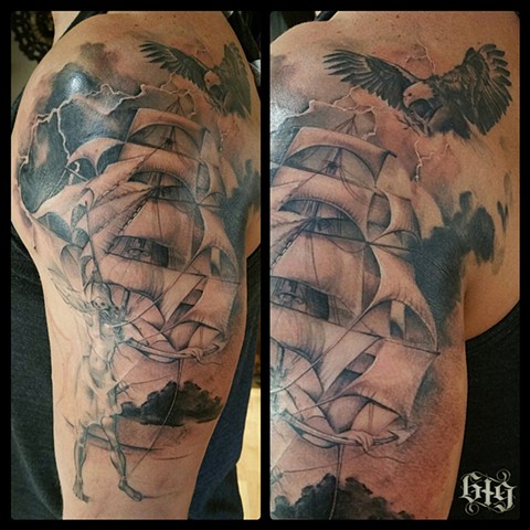 Inspired by Salvador Dali The Ship  Black grey Gray tattoo sleeve anchor eagle flintlock Navy Seal Southern California. San Diego, North Park, Pacific Beach, Mission Beach, City Heights, Hillcrest, El Cajon, Portland Oregon, Edinburgh Scotland, Ocean Beac