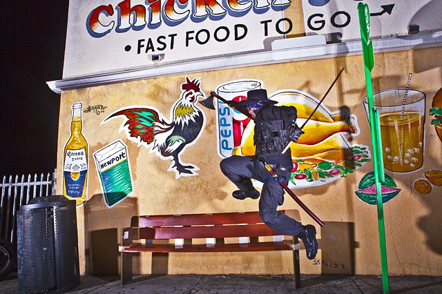 Rooster hunting, Little Haiti, Chicken, bus stop, axe, fast food