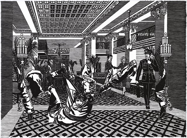 Black and white woodblock print by Kristin Powers Nowlin of a figure in a precarious position in a hotel lobby in Washington D.C. based on The Mayflower Hotel ad from 1951.