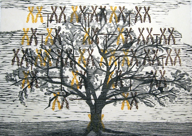 Three layers of woodblock prints by Kristin Powers Nowlin of a family tree with chromosomes on it.