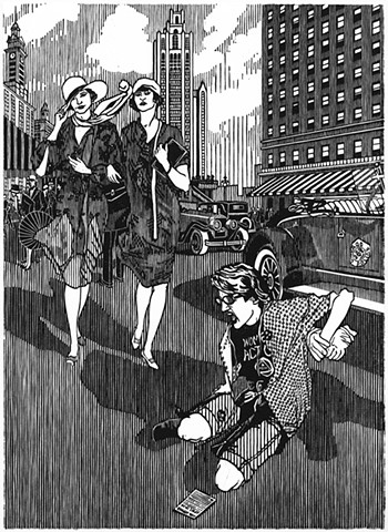 Black and white woodblock print by Kristin Powers Nowlin of a figure in a precarious position on a Chicago street based on an Illinois Central Railroad ad from 1925.
