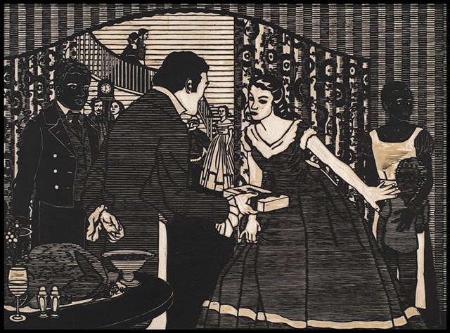 Black ink on carved woodblock by Kristin Powers Nowlin of figures in an interior space based on a Nunnally's Candy of the South ad from the 1920s.