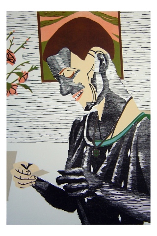 Color woodblock print of a photo of Kristin Powers Nowlin from 1990.