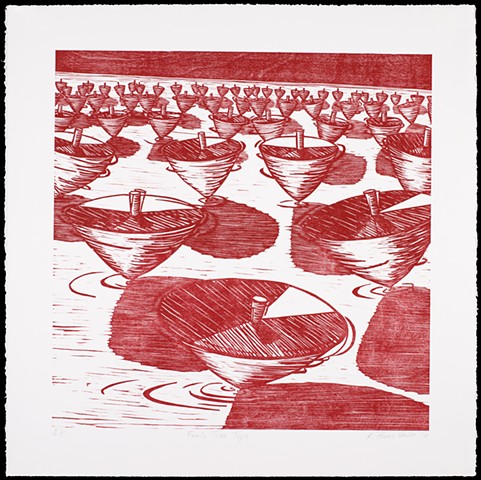 One layer woodblock print by Kristin Powers Nowlin of a family tree of spinning tops in red ink.