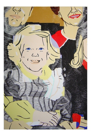 Color woodblock print of a photo of Kristin Powers Nowlin from 1972.