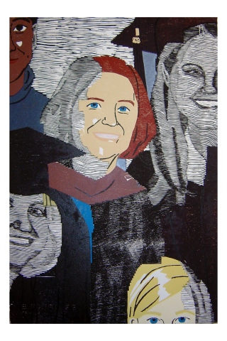 Color woodblock print of a photo of Kristin Powers Nowlin from 2003.