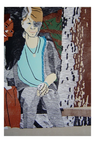 Color woodblock print of a photo of Kristin Powers Nowlin from 1987.