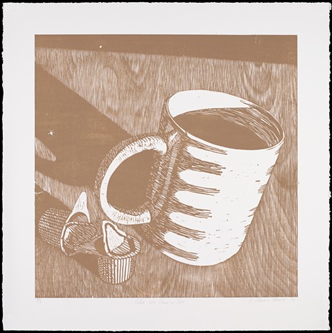 One layer woodblock print by Kristin Powers Nowlin of a coffee mug and creamers on a table.