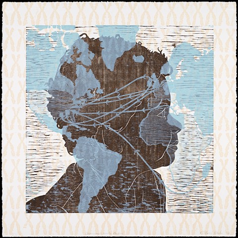 Three layer woodblock print by Kristin Powers Nowlin of a boy's profile, Map, and Chromosomes.