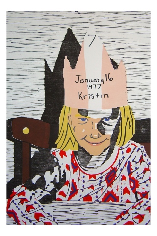 Color woodblock print of a photo of Kristin Powers Nowlin from 1977.
