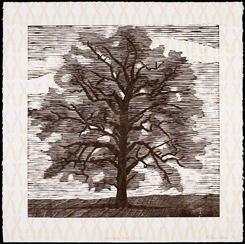Two layer woodblock print by Kristin Powers Nowlin of an oak tree and chromosomes.
