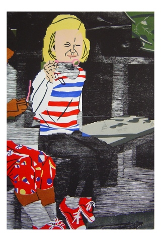 Color woodblock print of a photo of Kristin Powers Nowlin from 1975.