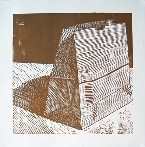 One layer woodblock print by Kristin Powers Nowlin of a brown paper bag.