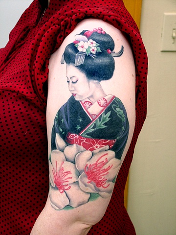 geisha tattoo blossoms stina sardinha red green, tattoo junkies, traditional, wulfe, art, stina, tat, tattoo, portsmouth, NH, boston, cool tattoo, ink, new hampshire, hobos, iron works, piercing, james, christina, sardinha