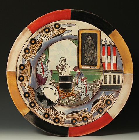large terra cotta platter with sgraffito decoration with environmental and political commentary