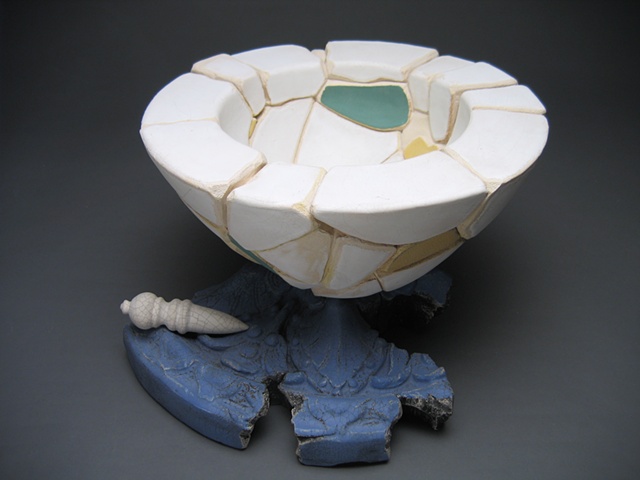 pedestal sculpture of reconstructed ceramic bowl