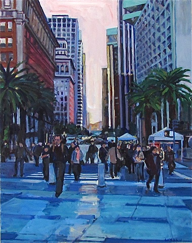 embarcadero, San Francisco, people, street, palm trees, maroon, blue, pink, Market Street, San Francisco