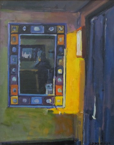 mirror, reflection, curtain, yello, blue orange, yellow light 