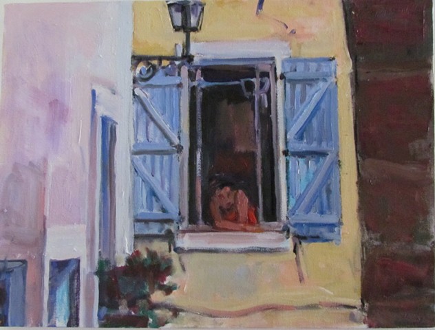 window, open, figure, shutters, blue, orange, white, pink, ledge, lamp, yellow, ochre, arms, face,