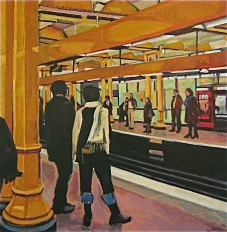 Paris Metro, people, copper,gold, riders, winter, coats, scarves, track, colors reflecting, support beams, boots, jeans, 