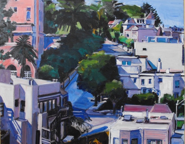 pink, blue, white, green, houses, hillside, trees, crooked street, palm trees,