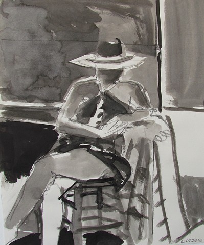 clothed figure, woman, seated, stool, broad brimmed, hat, face in shadow