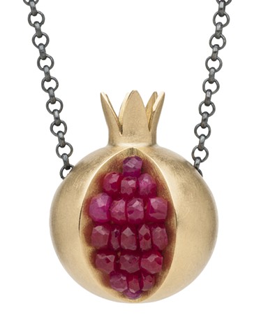 gold pomegranate necklace, pomegranate necklace, pomegranate pendant, pomegranate ruby necklace