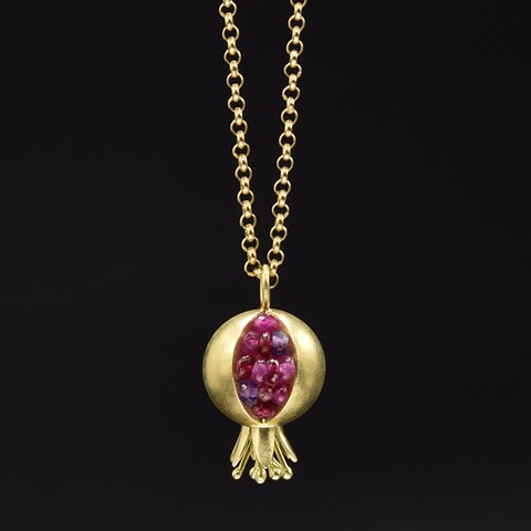 gold pomegranate necklace, pomegranate necklace, pomegranate pendant, pomegranate ruby necklace