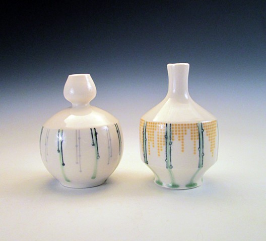 2 thrown porcelain bud vase's with underglaze and overglaze decals 
