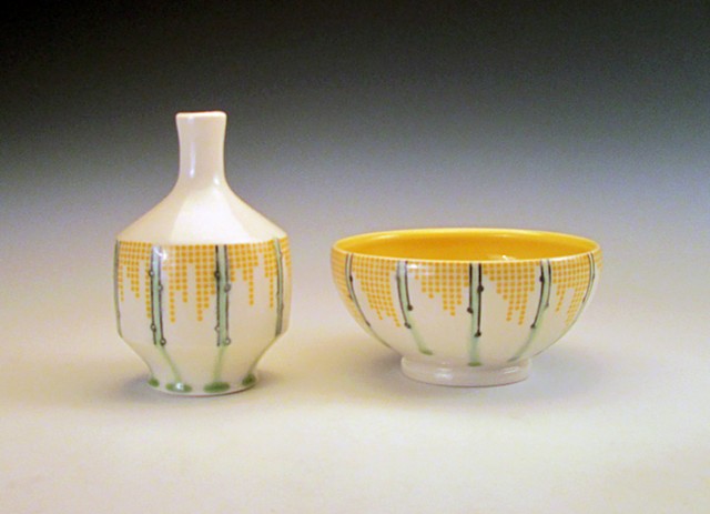 thrown porcelain bud vase and bowl with underglaze and overglaze decales