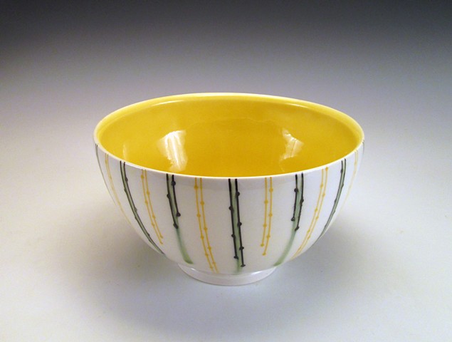 thrown porcelain serving bowl with undreglaze and overglave decals