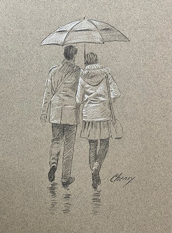 "Couple Under a Large Umbrella"
