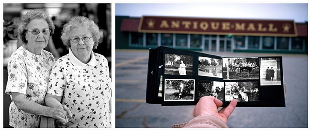 Left: Ruth and Louise, owners of the stall in the antiques mall where I purchased Nina's photographs in 1993. Right: Self-portrait holding Nina's family album, outside the antiques mall.