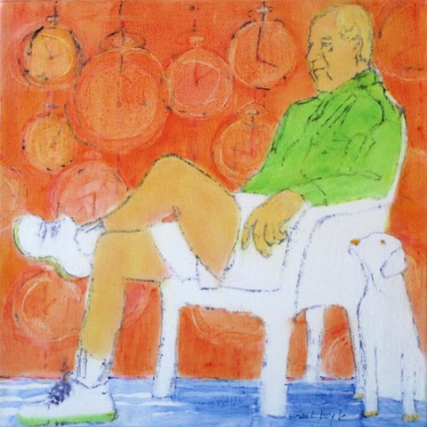 small, figurative, contemporary, expressionism, seated man, clocks, timepieces, dog