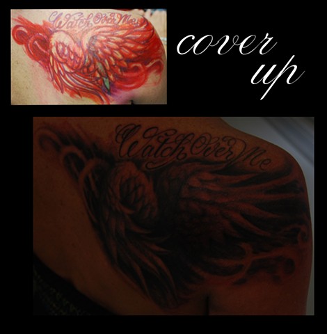 angel wings script coverup caspian tattoo david zobel lynchburg va virginia tattoo artist