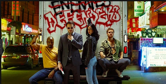 The Defenders:
Mike Colter (Luke Cage)
Daredevil (Charlie Cox)
Jessica Jones (Krysten Ritter)
Ironfist( Finn Jones)