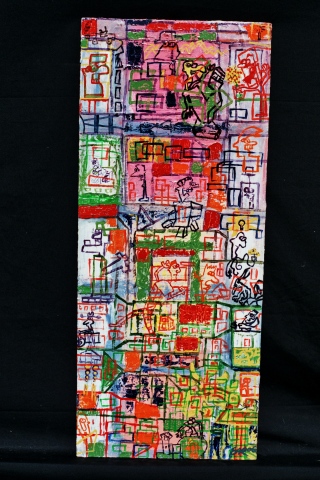 Acrylic & mixed media on 1/2" plywood; 15" x 36"; 2005 Ed Rudis Fine Art; "Corporate Ladder"; $7250000.00