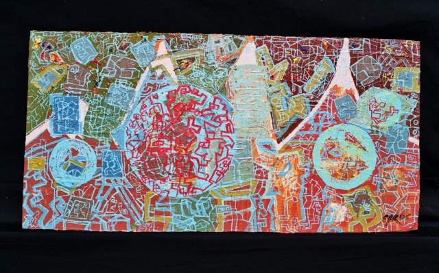 Acrylic on 1/2" plywood; 30 3/34" x 15 3/4"; 2005 Ed Rudis Painting; "Planetary Jargon"; $150000.00