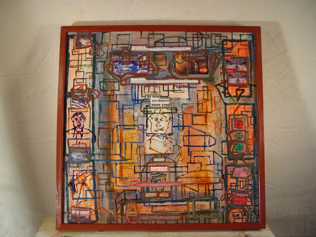 Acrylic & mixed media on canvass; 21" x 21"; "No Gimmicks"; 2005 Ed Rudis Fine Art; $5000000.00